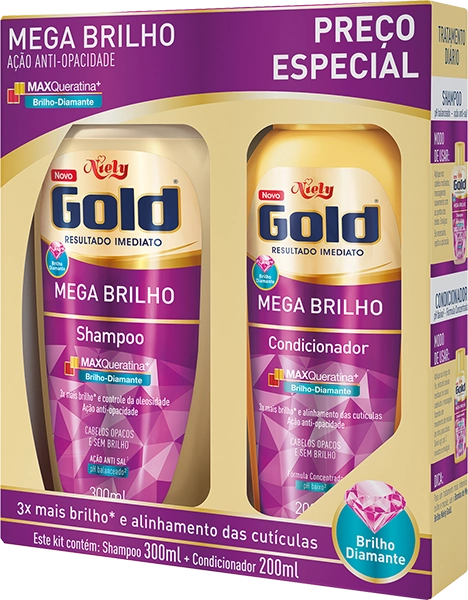 Kit Niely Gold Mega Brilho Shampoo 300ml e Condicionador 200ml