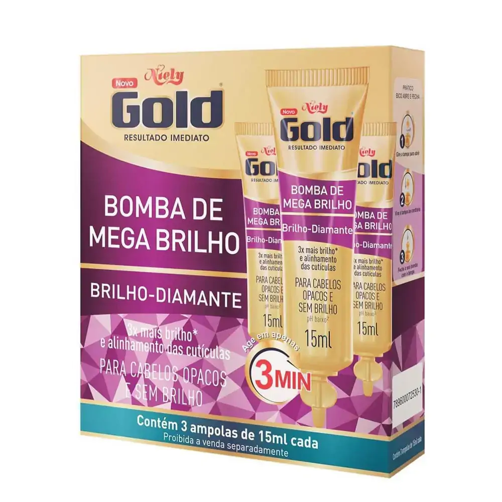 Ampola De Tratamento Niely Gold Bomba De Mega Brilho Caixa 3 Unidades 15ml Cada