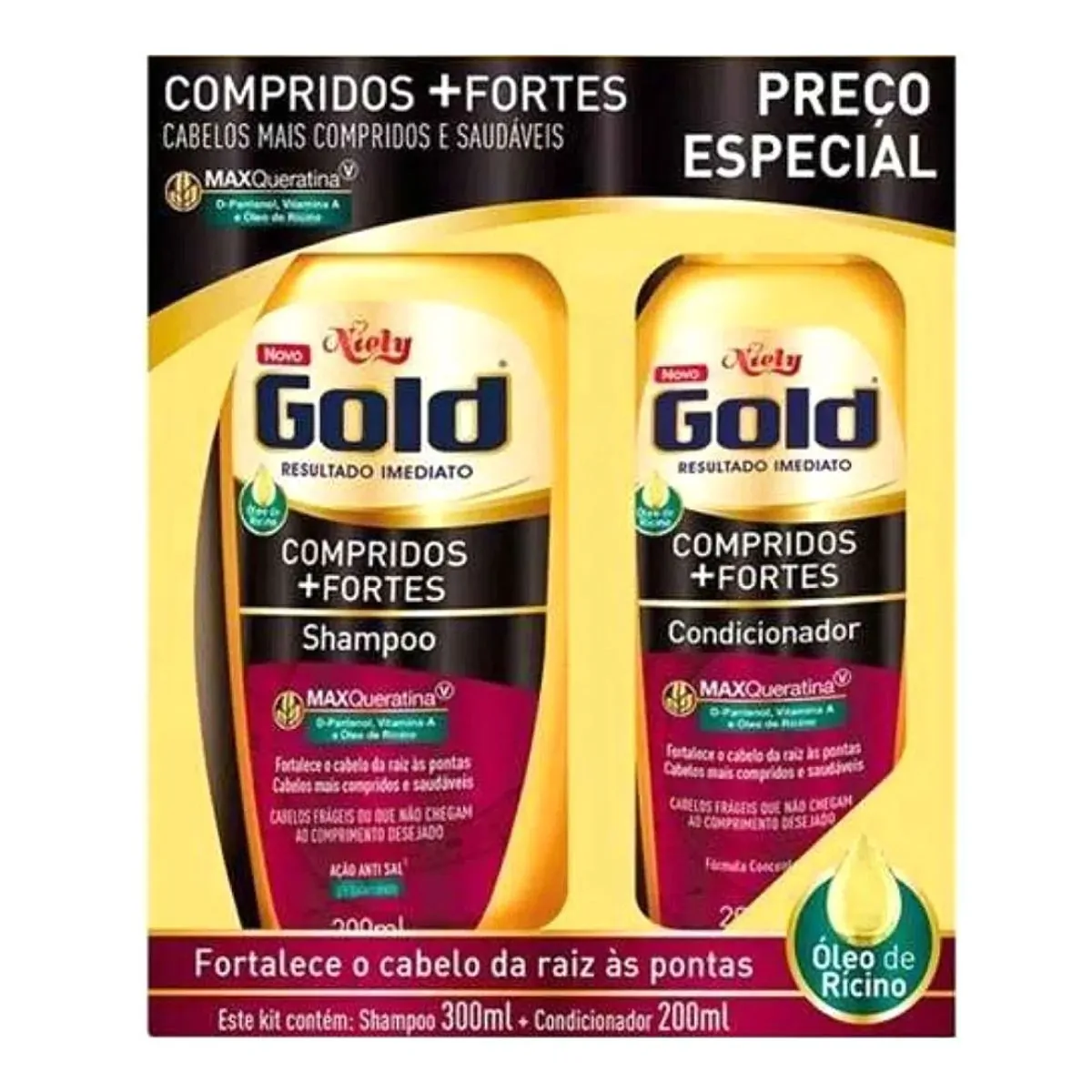 Kit Shampoo 300ml Condicionador 200ml Niely Gold Compridos Fortes