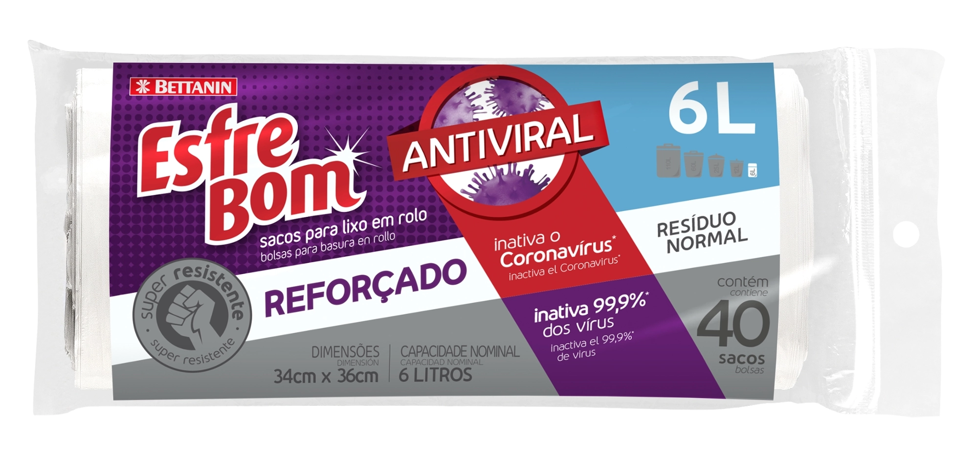 Saco Lixo Esfrebom Antiviral Rolo 6l C/40 Und