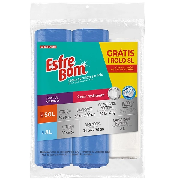 Kit Sacos para Lixo Esfrebom 2 Rolos de 50L e 1 Rolo de 8L BT318