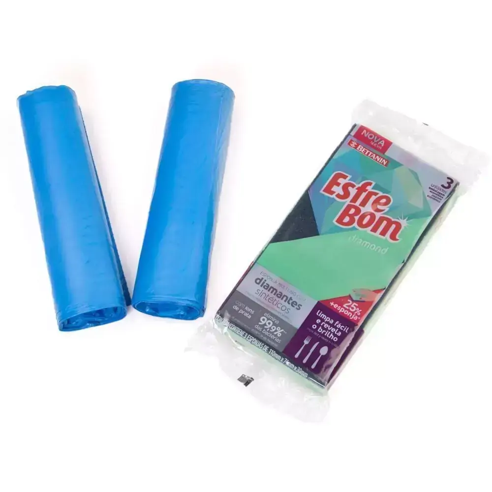 Kit 2 Rolos de Sacos para Lixo 30L e 3 Esponjas Diamond EsfreBom BT320