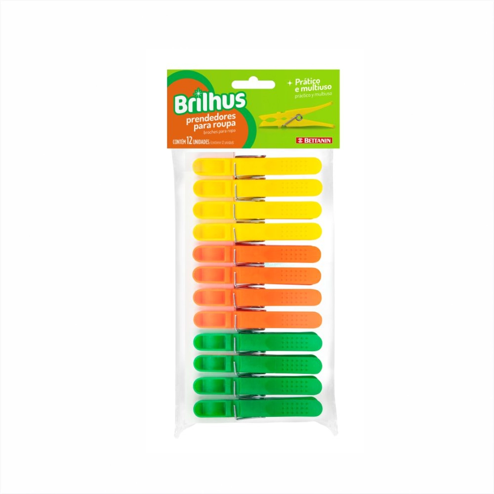 Prendedor De Roupas Plástico, Linha Brilhus, Brilhus, Amarelo, Laranja E Verde