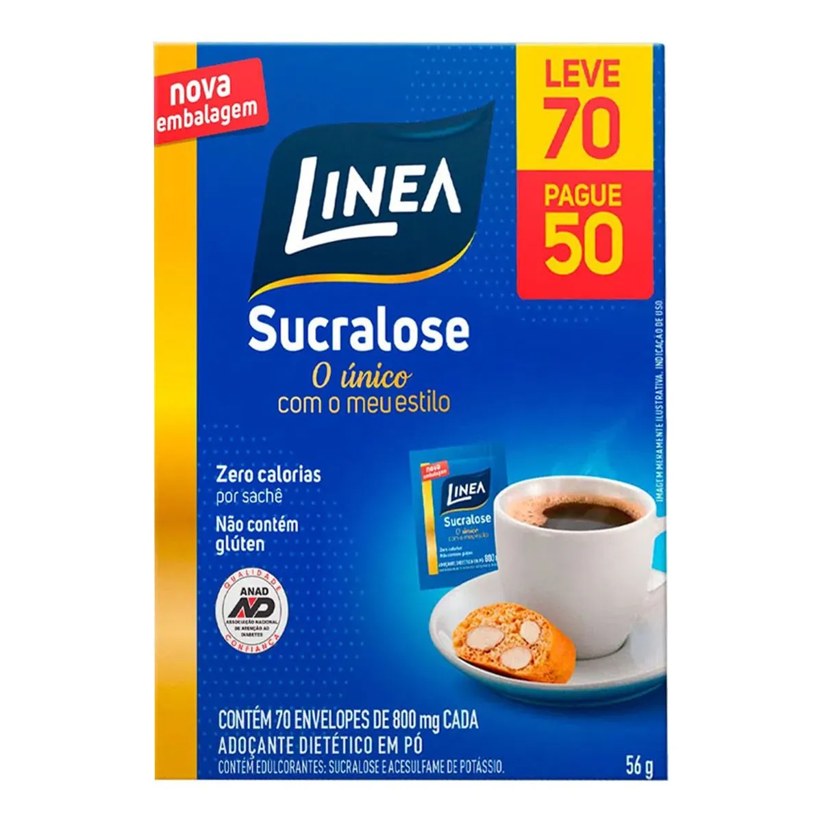 Adoçante em Pó Sucralose LINEA Caixa 56g Leve 70 Pague 50 Envelopes de 800mg