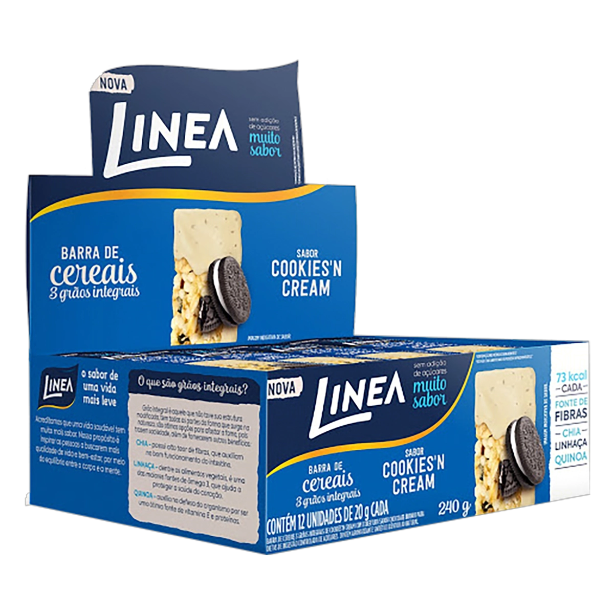 Barra De Cereal 3 Grãos Cookiesn Cream Cobertura Chocolate Branco Linea Caixa 240g 12 Unidades