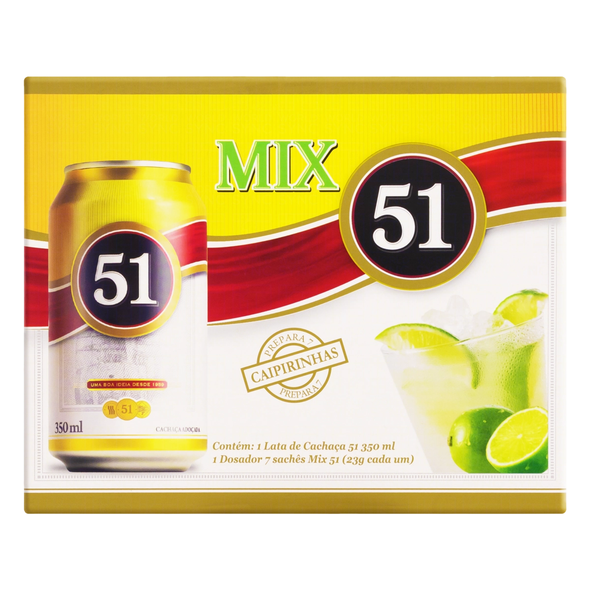 Kit 1 Cachaça Adoçada Lata 350ml 1 Dosador 7 Mix Para Caipirinha Limão 51