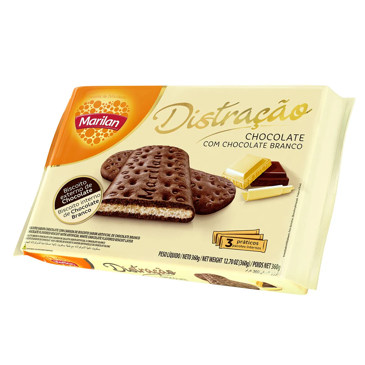 Biscoito Chocolate Recheio Chocolate Branco Marilan Distração Pacote 360g