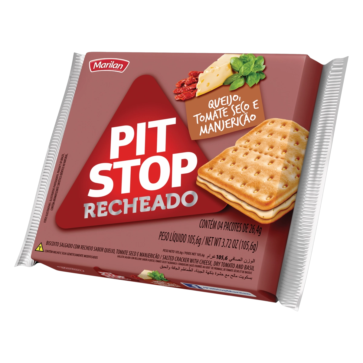 Pack Biscoito Recheio Queijo, Tomate Seco E Manjericão Marilan Pit Stop Pacote 105,6g 4 Unidades