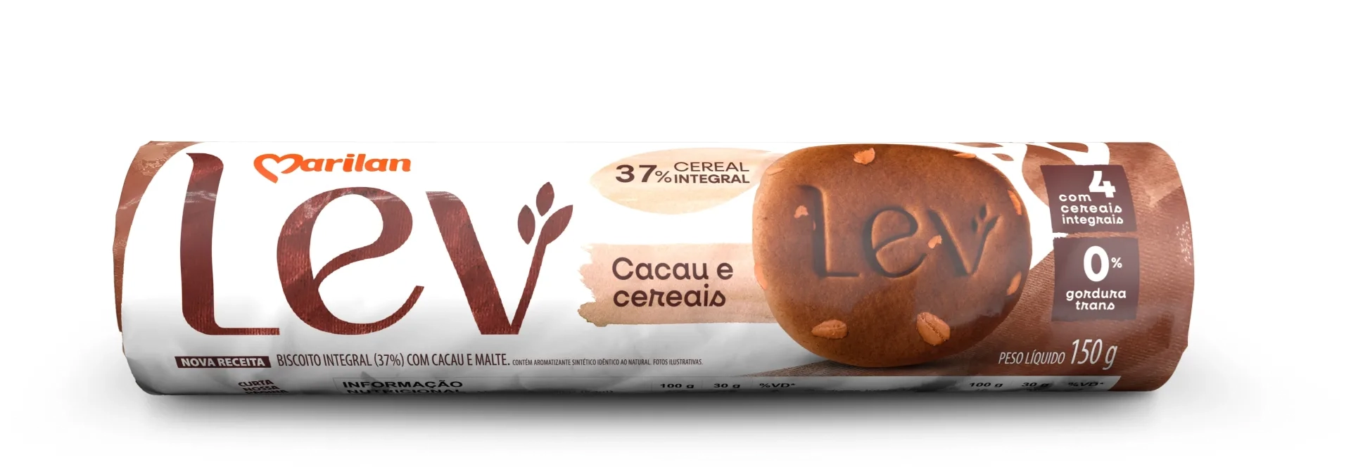 Biscoito Integral Cacau E Cereais Marilan Lev Pacote 150g