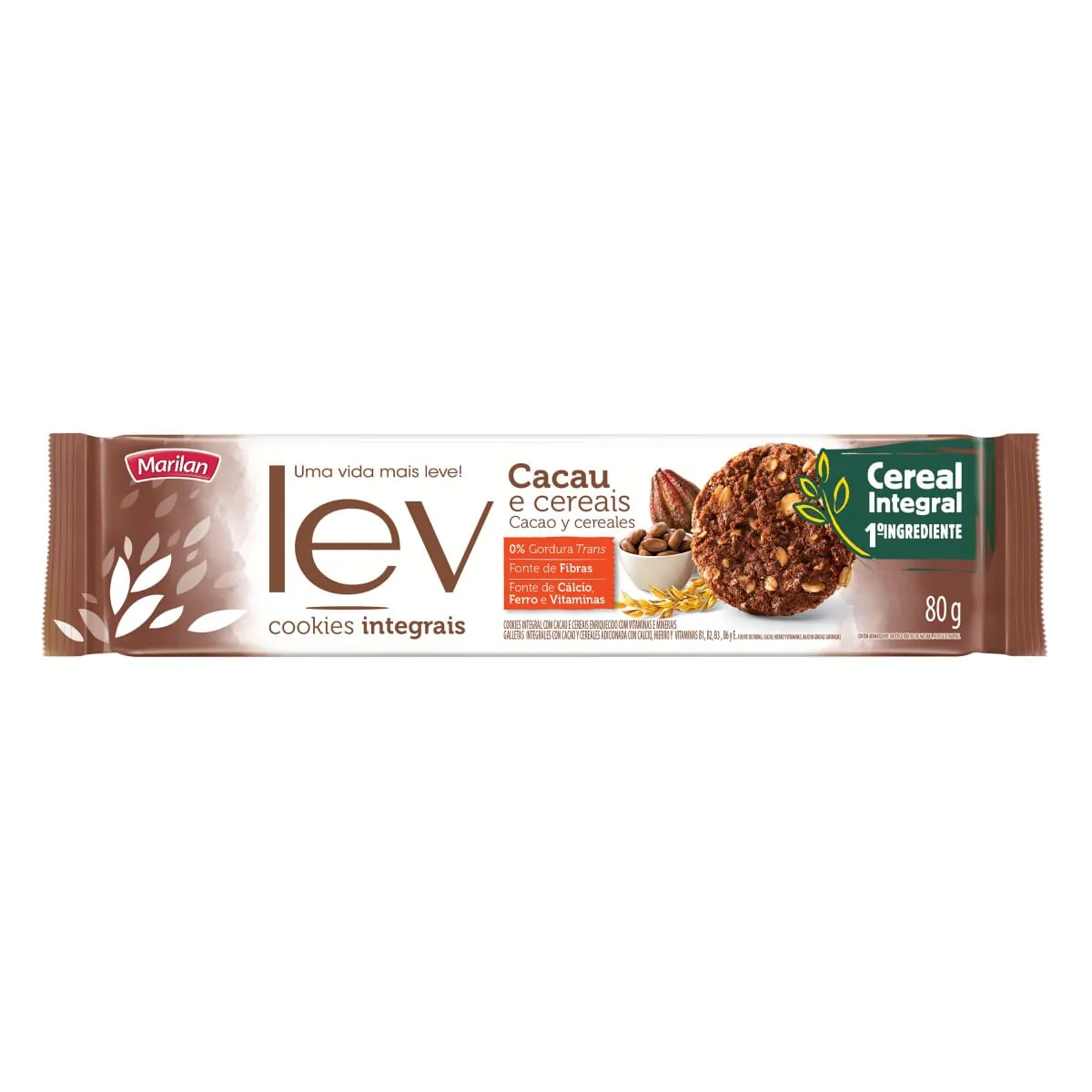 Biscoito Cookie Integral Cacau e Cereais Marilan Lev 80g