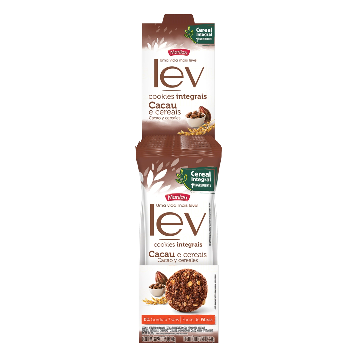 Biscoito Cookie Integral Cacau E Cereais Marilan Lev Caixa 320g 8 Unidades