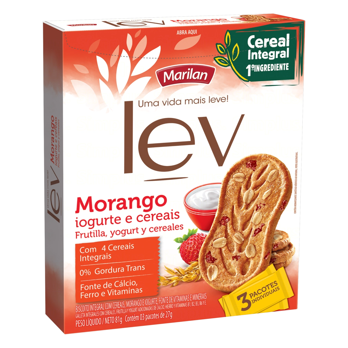 Biscoito Integral Morango, Iogurte E Cereais Marilan Lev Caixa 81g 3 Unidades