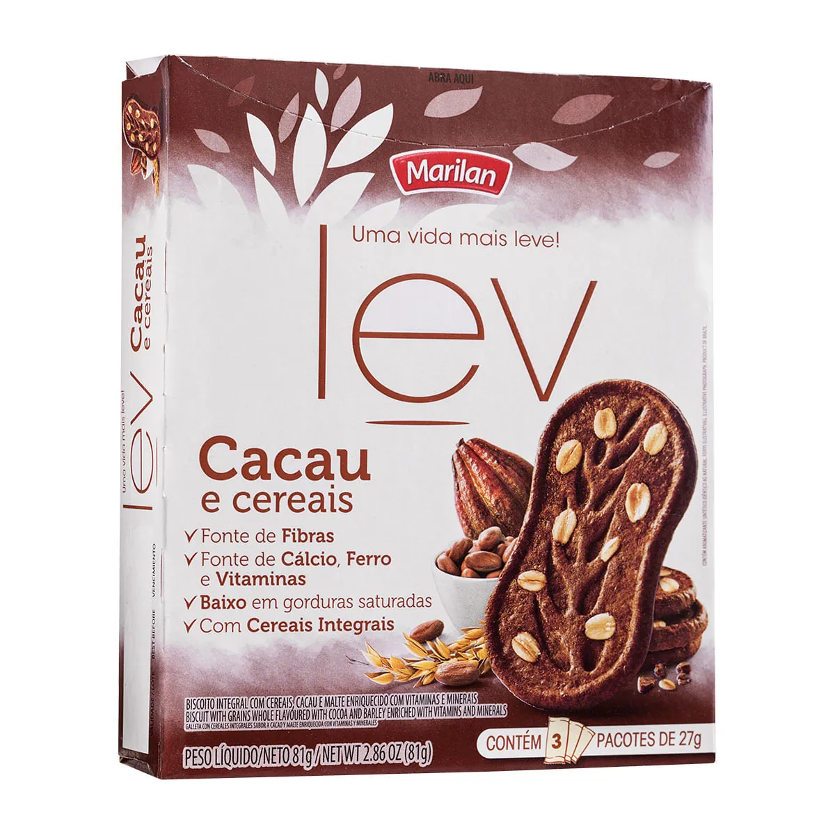 Biscoito Integral Cacau E Cereais Marilan Lev Caixa 81g 3 Unidades