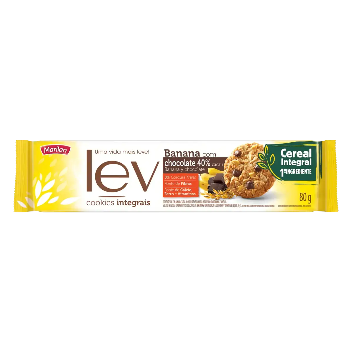 Biscoito Cookie Integral Banana Com Chocolate 40 Cacau Marilan Lev Pacote 80g