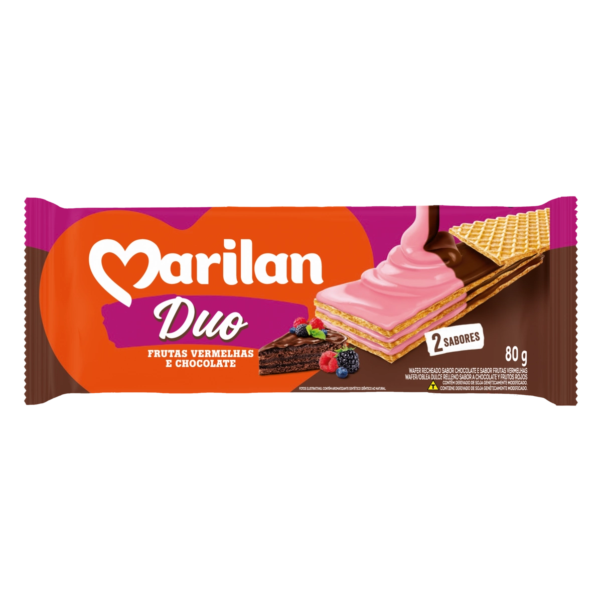 Biscoito Wafer Recheio Frutas Vermelhas E Chocolate Marilan Duo Pacote 80g