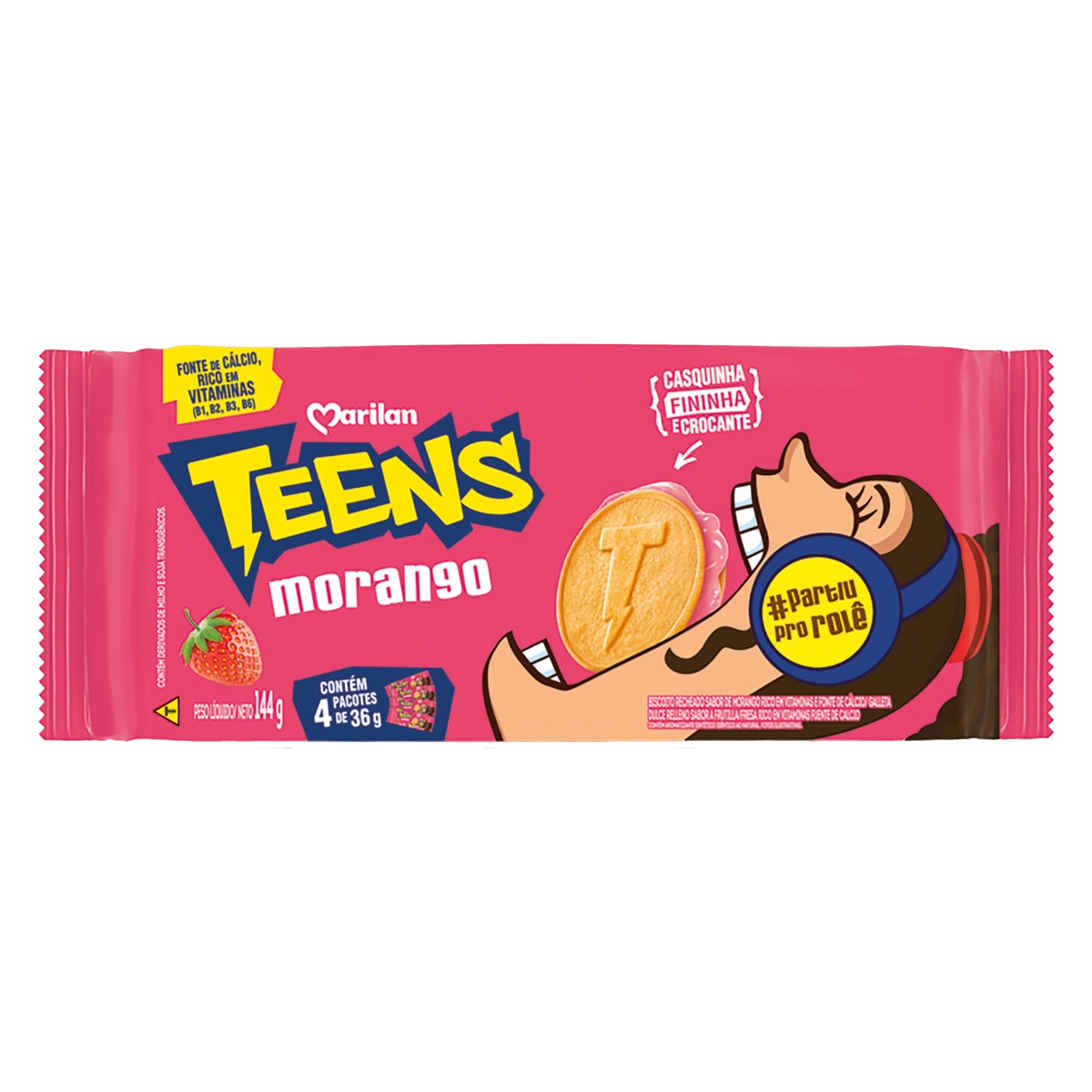Biscoito Recheio Morango Marilan Teens Pacote 144g