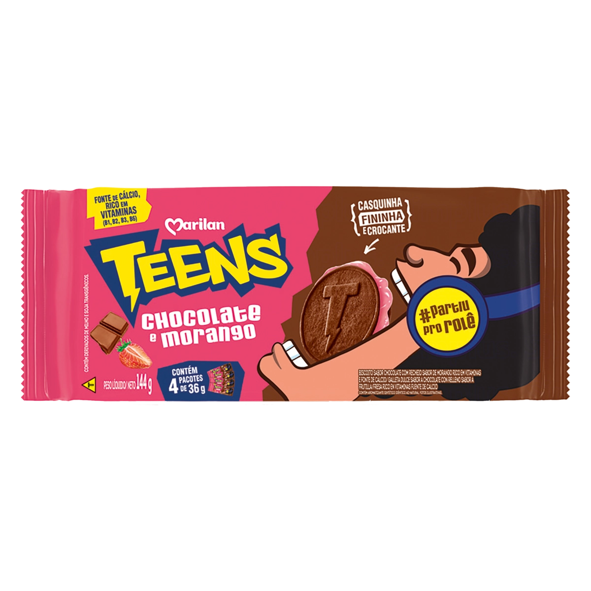 Biscoito Chocolate Recheio Morango Marilan Teens Pacote 144g