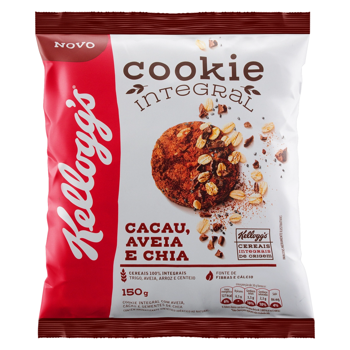 Biscoito Cookie Integral Cacau, Aveia E Chia Kelloggs Pacote 150g