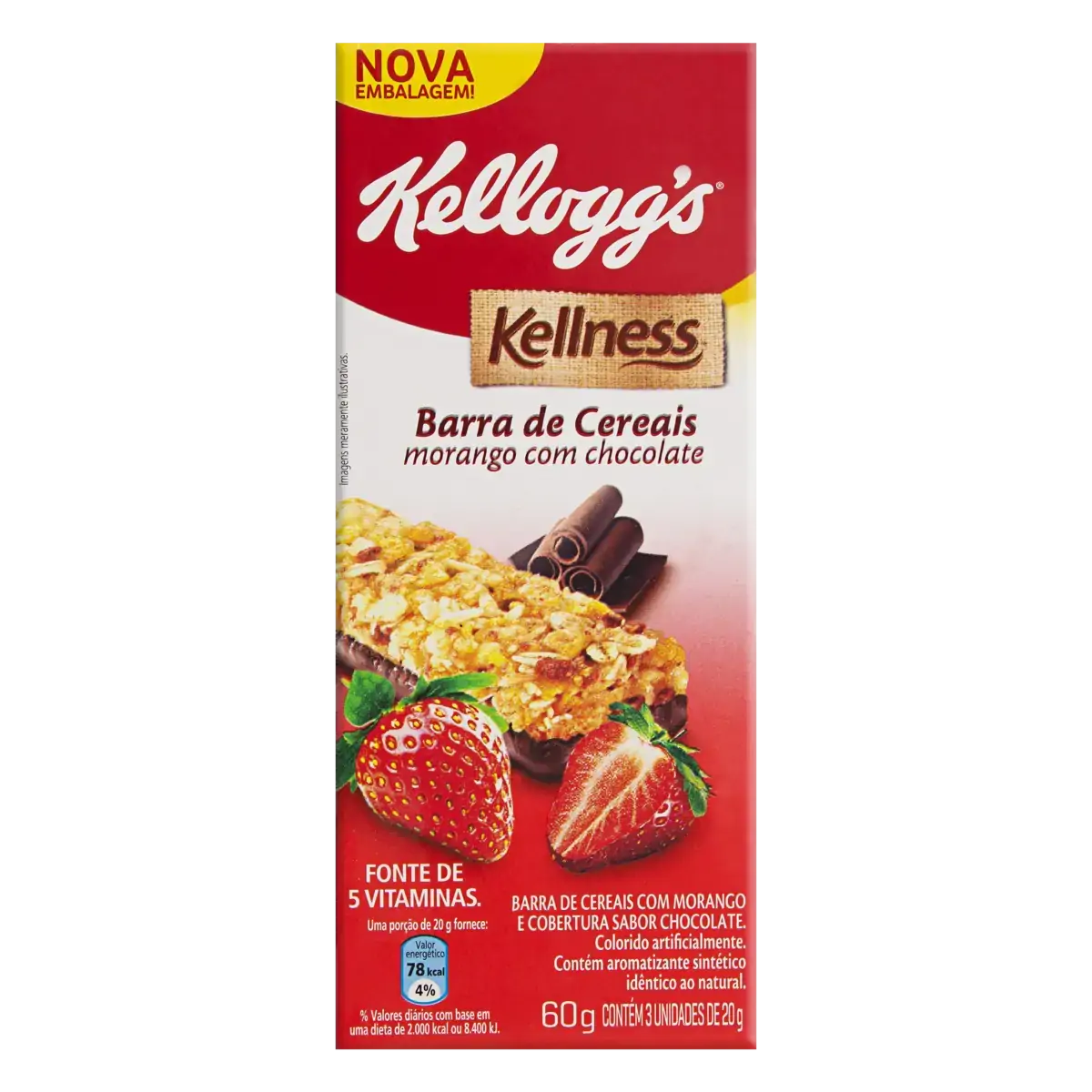 Pack Barra De Cereal Morango Cobertura Chocolate Kelloggs Kellness Caixa 60g 3 Unidades