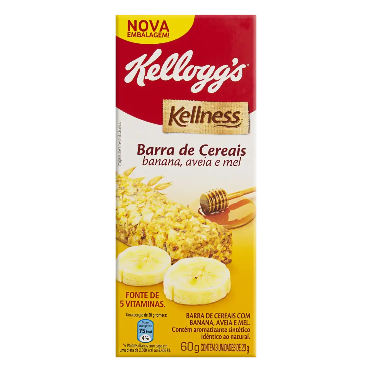 Pack Barra De Cereal Banana, Aveia E Mel Kelloggs Kellness Caixa 60g 3 Unidades