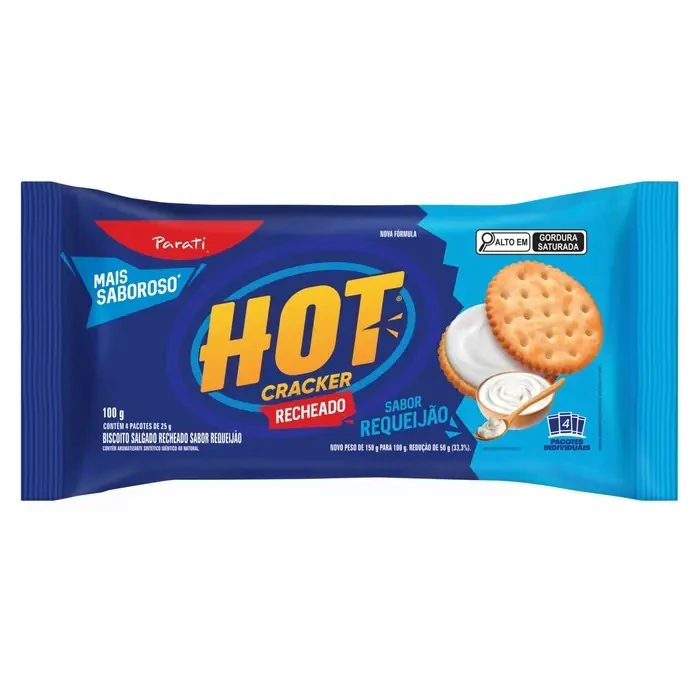 Pack Biscoito Recheio Requeijão Hot Cracker Pacote 100g 4 Unidades