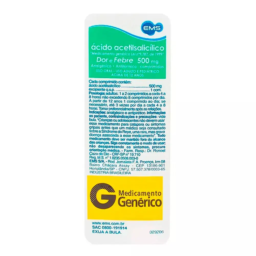 ácido Acetilsalicílico 500mg Ems Caixa 200 Comprimidos