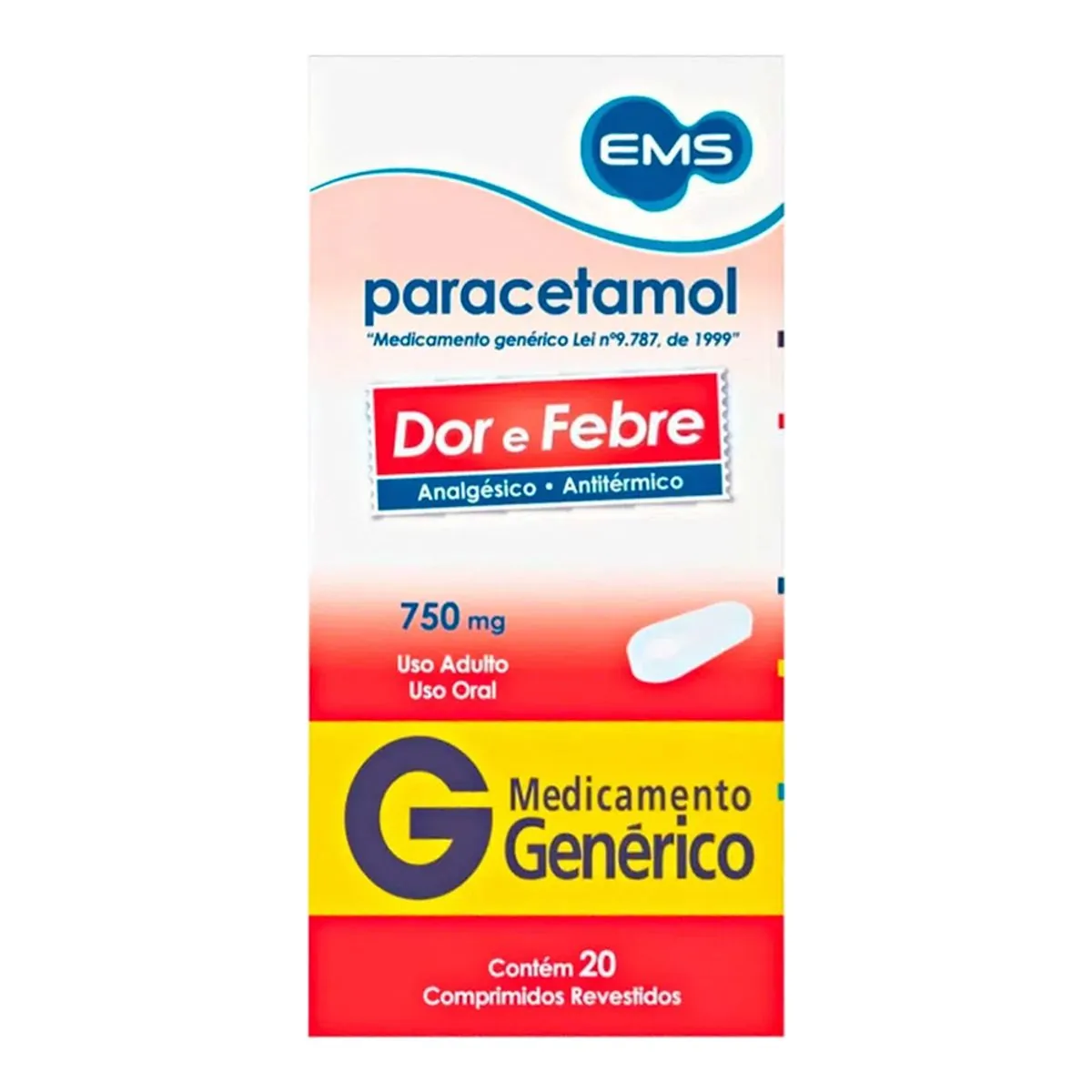 Analgésico Paracetamol E M S 750mg Genérico com 20 Comprimidos