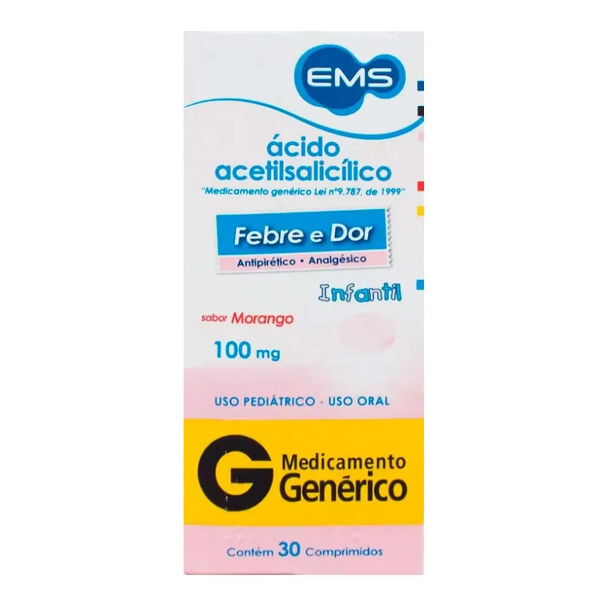 ácido Acetilsalicílico Infantil Morango 100mg Ems Caixa 30 Comprimidos