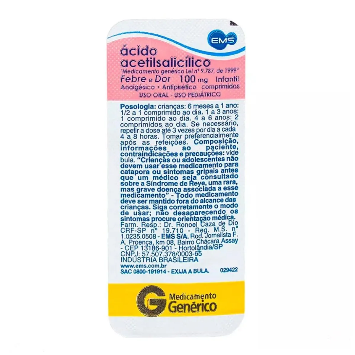 ácido Acetilsalicílico Infantil 100mg Morango Ems Caixa 200 Comprimidos