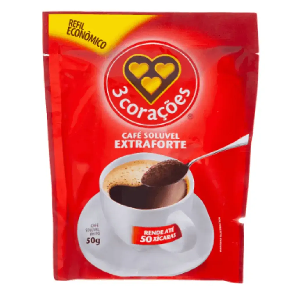 Café Solúvel Em Pó Extraforte 3 Corações Sachê 50g Refil Econômico