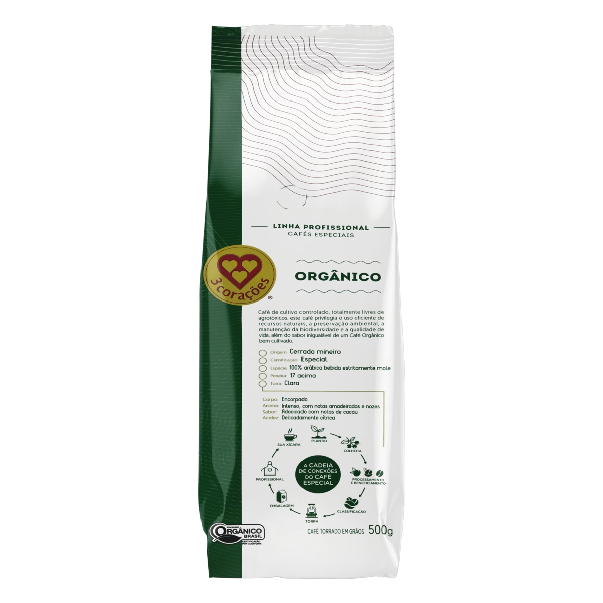 Café Torrado Em Grãos Orgânico 3 Corações Profissional Pacote 500g