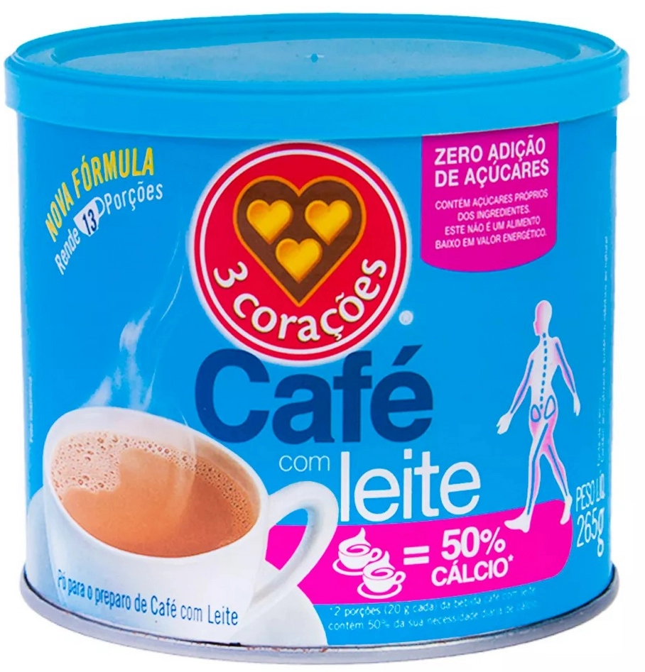 Café Com Leite Solúvel 3 Corações Lata 265g