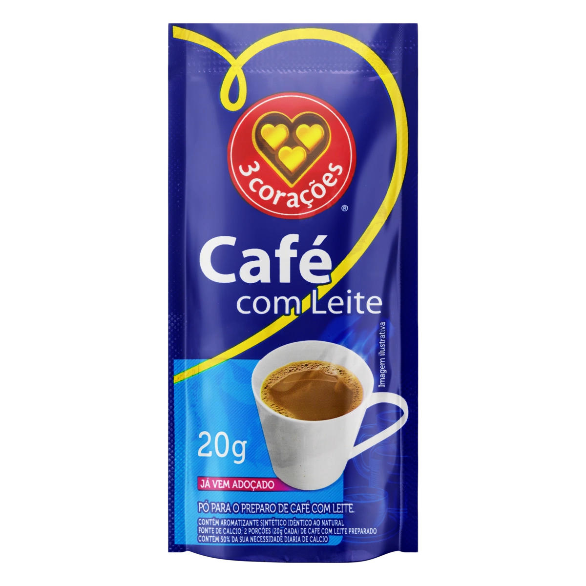 Café Com Leite Solúvel 3 Corações Sachê 20g