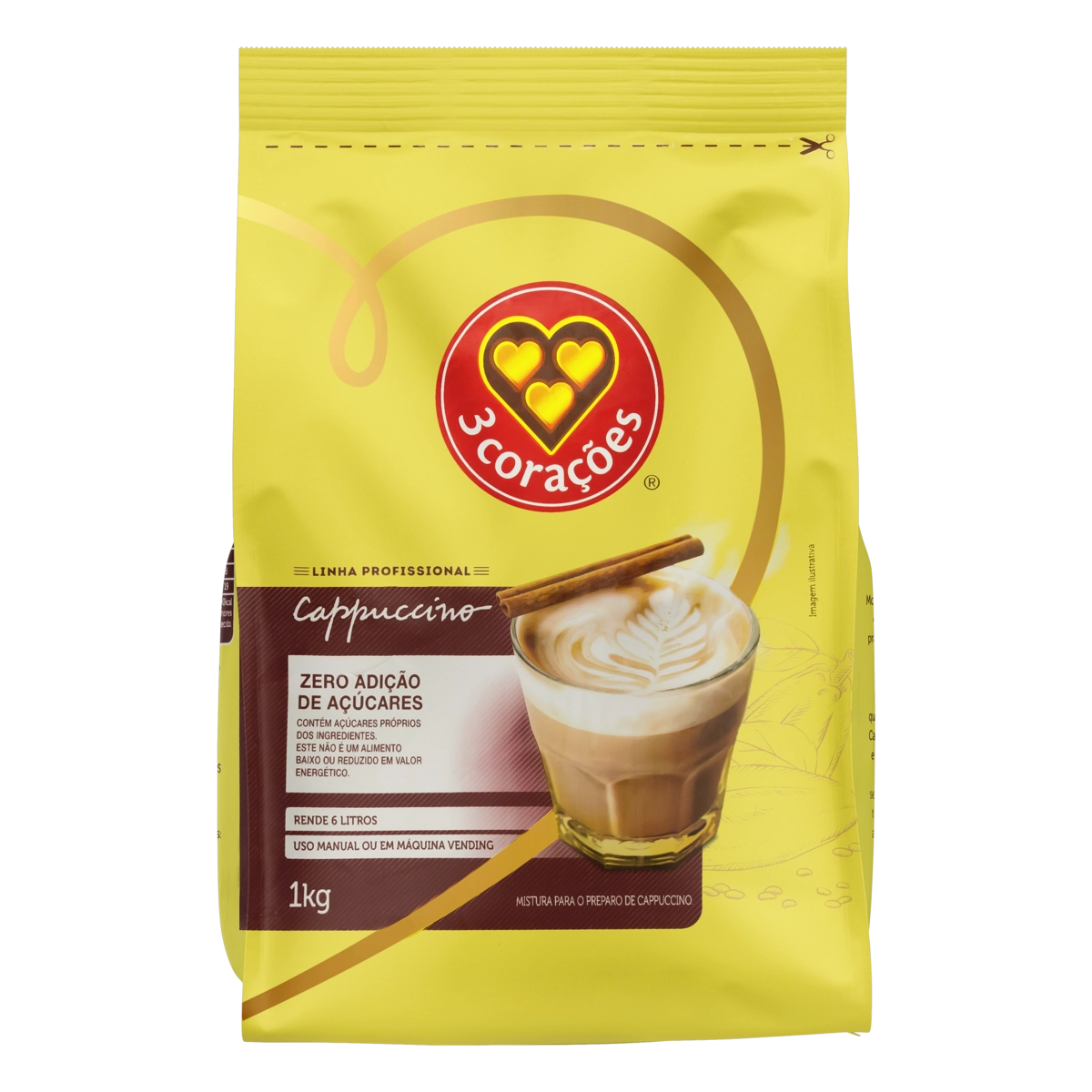 Cappuccino Solúvel 3 Corações Profissional Pacote 1kg