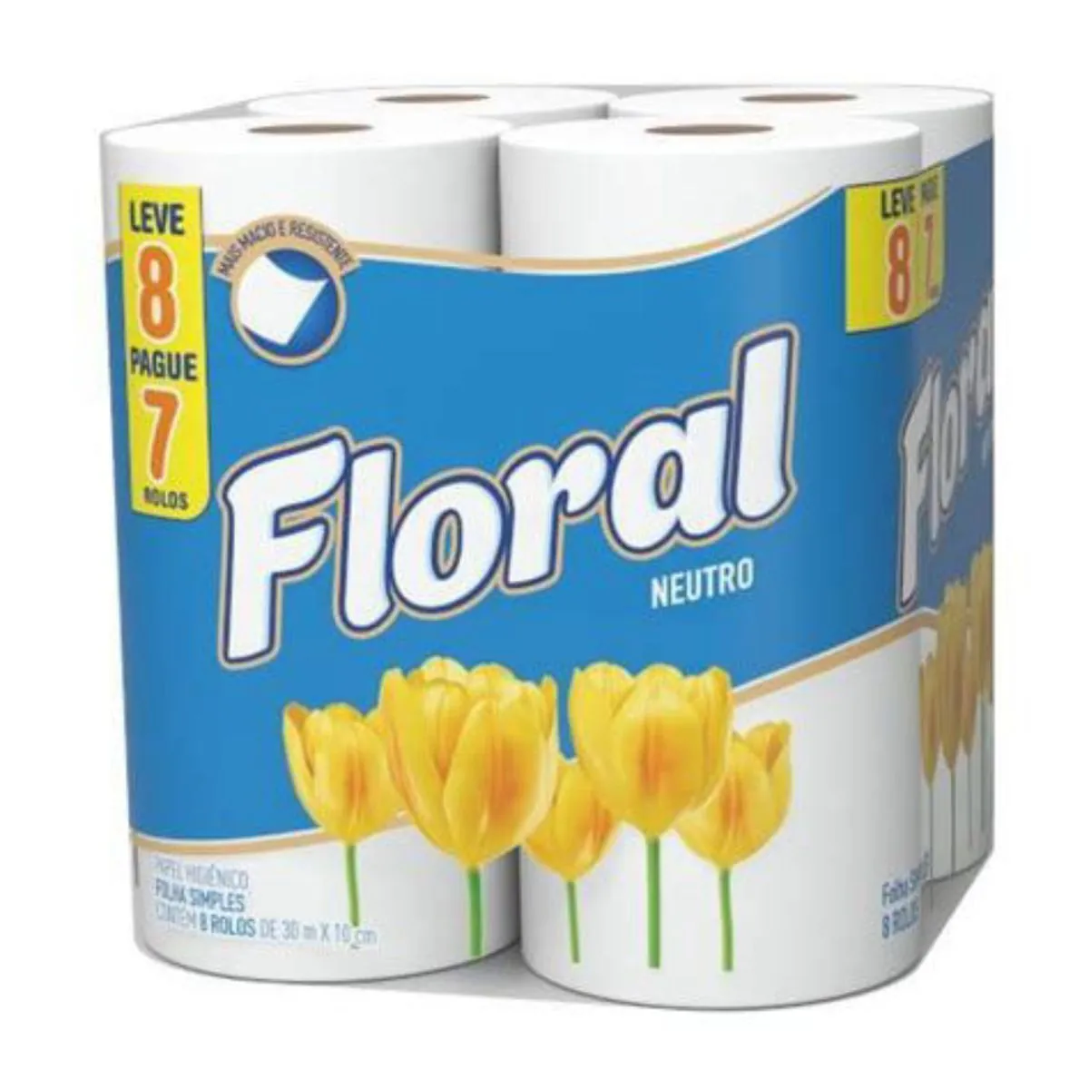 Papel Higiênico Folha Simples Neutro Floral 30m Pacote Leve 8 Pague 7 Unidades