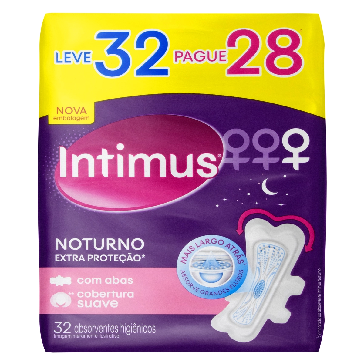 Absorvente Com Abas Suave Intimus Extra Proteção Noturno Pacote Leve 32 Pague 28 Unidades