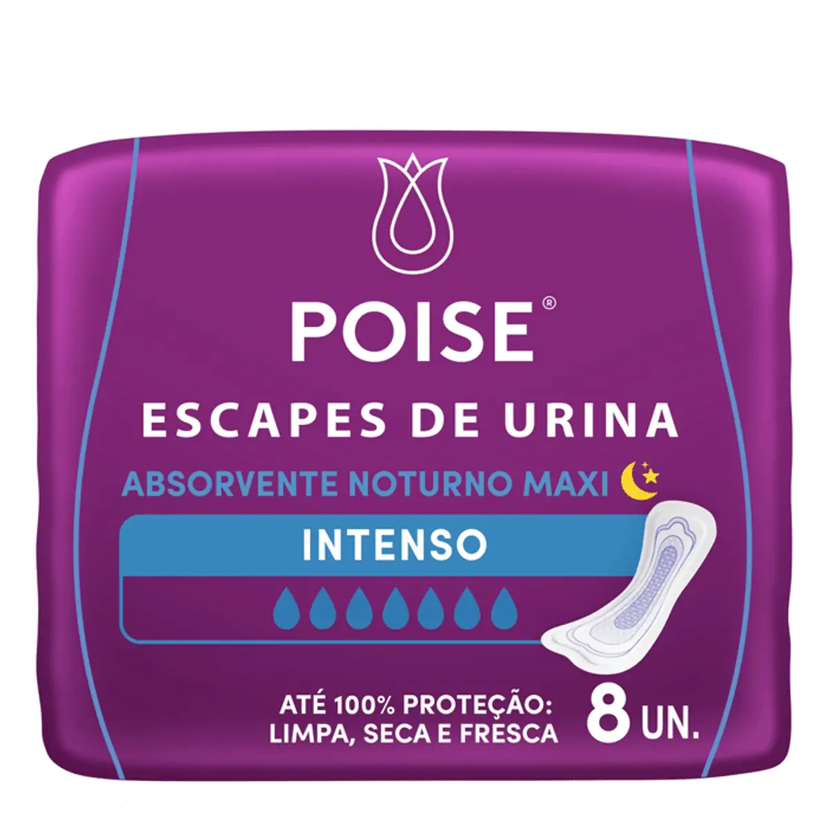 Absorvente Sem Abas Para Escapes De Urina Poise Noturno Maxi Pacote 8 Unidades