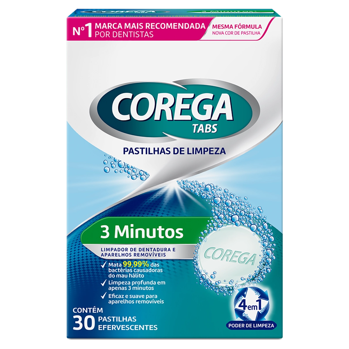 Limpador De Dentadura E Aparelhos Removíveis Corega Tabs Caixa 30 Pastilhas Efervescentes