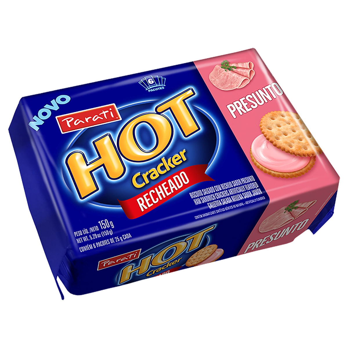 Pack Biscoito Recheio Presunto Hot Cracker Pacote 150g 6 Unidades