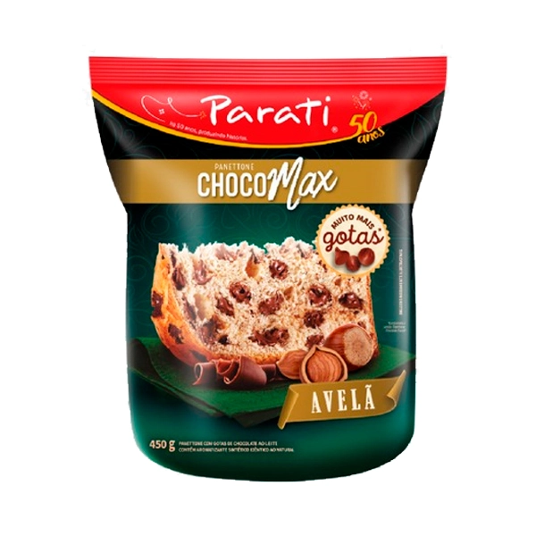 Panettone Com Gotas De Chocolate Ao Leite Avelã Parati Choco Max Pacote 450g