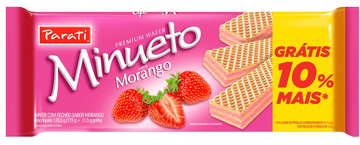 Biscoito Wafer Recheio Morango Minueto Premium Pacote 126,5g Grátis 10