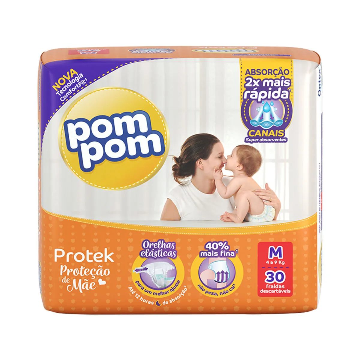 Fraldas Pom Pom M Protek Proteção de Mãe Jumbo - 30 Unidades