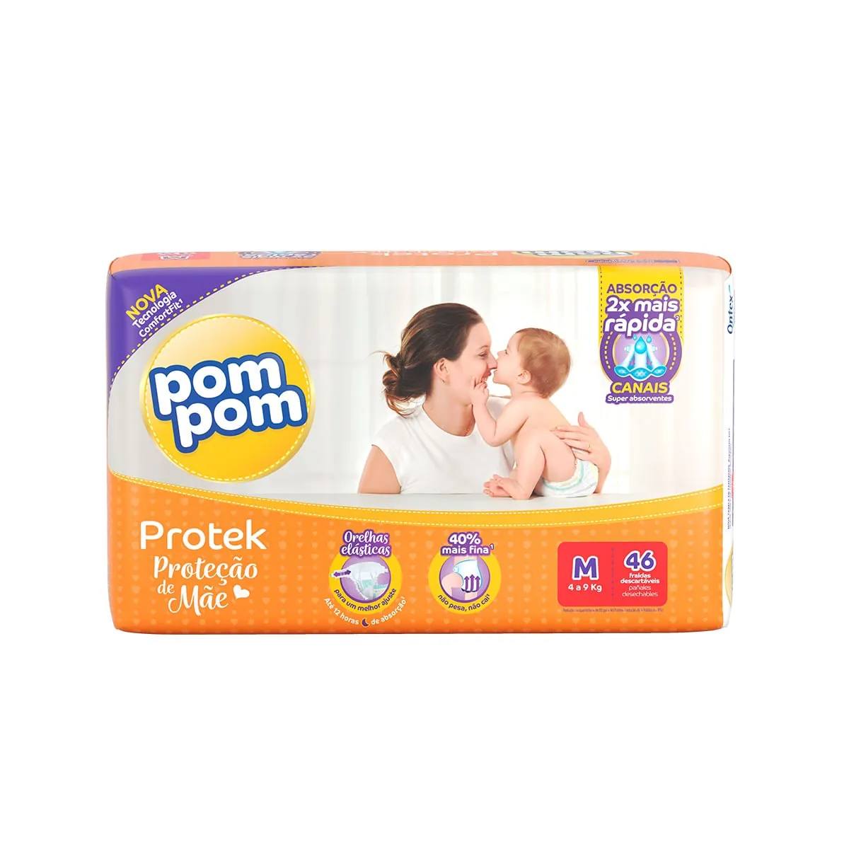 Fralda Pom Pom M Protek Proteção de Mãe Mega 46 Unidades