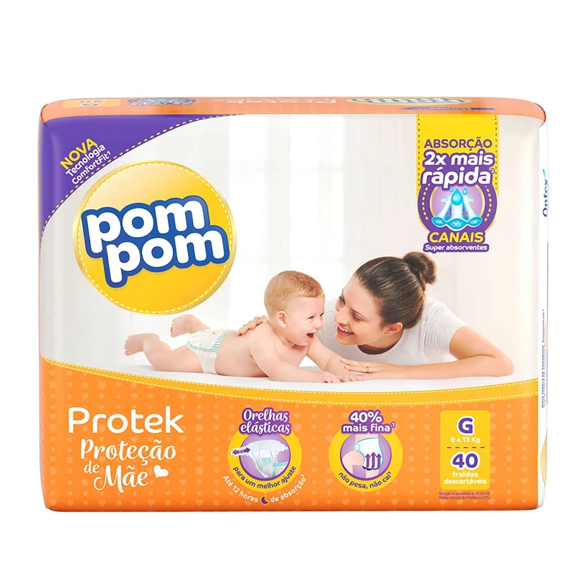 Fralda Descartável Infantil Pom Pom Protek Proteção De Mãe G Pacote 40 Unidades
