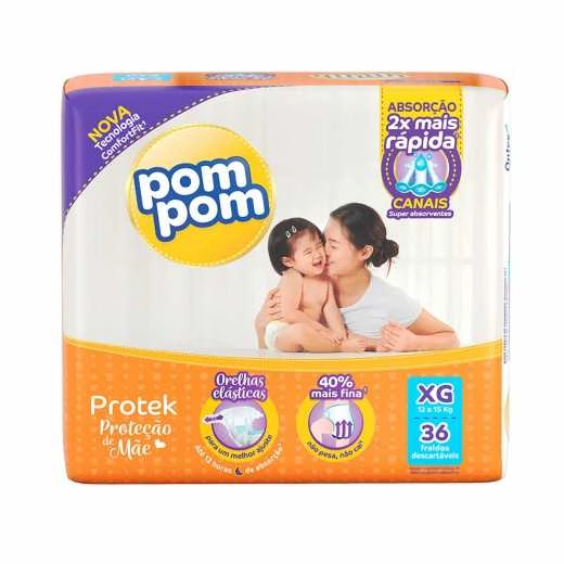 Fralda Descartável Infantil Pom Pom Protek Proteção De Mãe Xg Pacote 36 Unidades