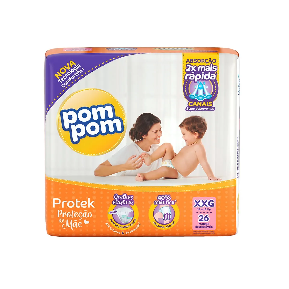 Fralda Pom Pom XXG Protek Proteção de Mãe Mega 26 Unidades