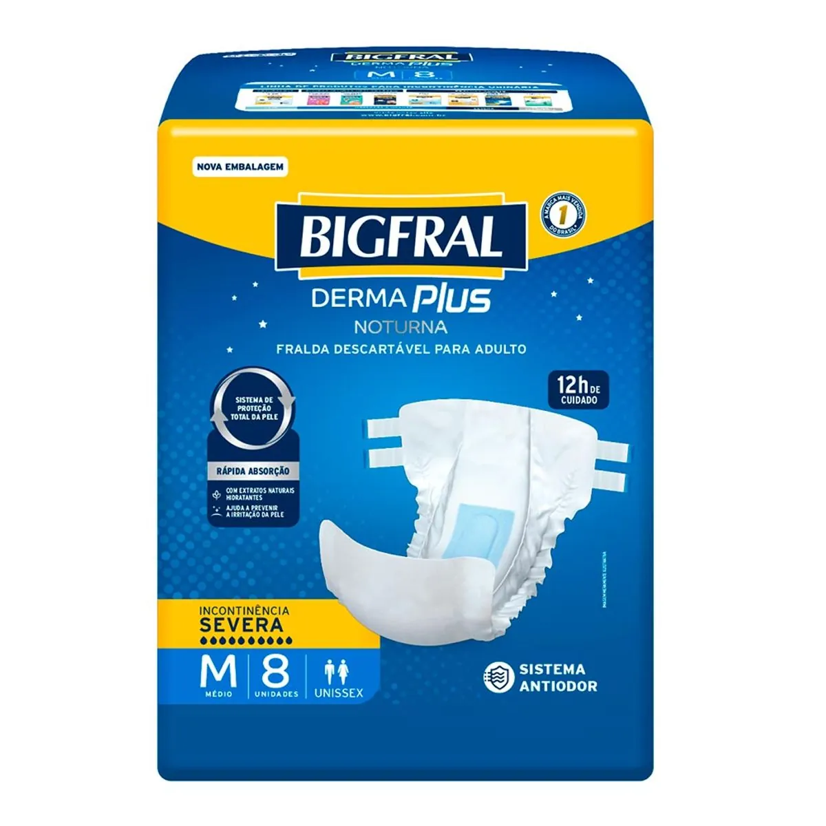 Fralda Descartável Adulto Bigfral Derma Plus Noturna M Pacote 8 Unidades