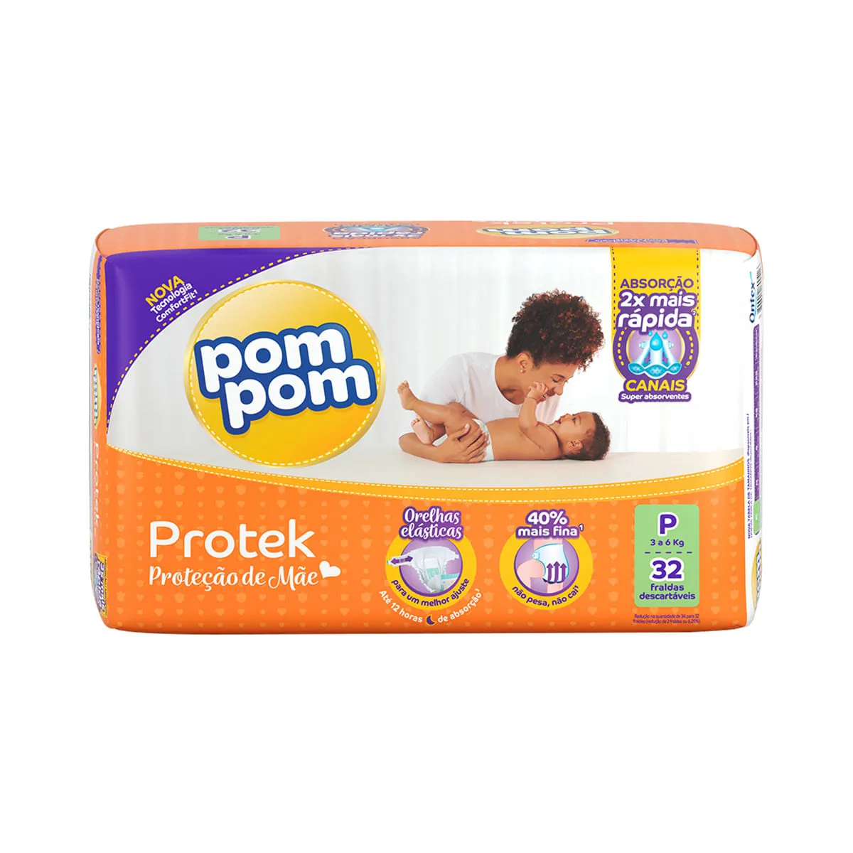 Fraldas Pompom P Protek Proteção de Mãe Jumbo - 32 Unidades