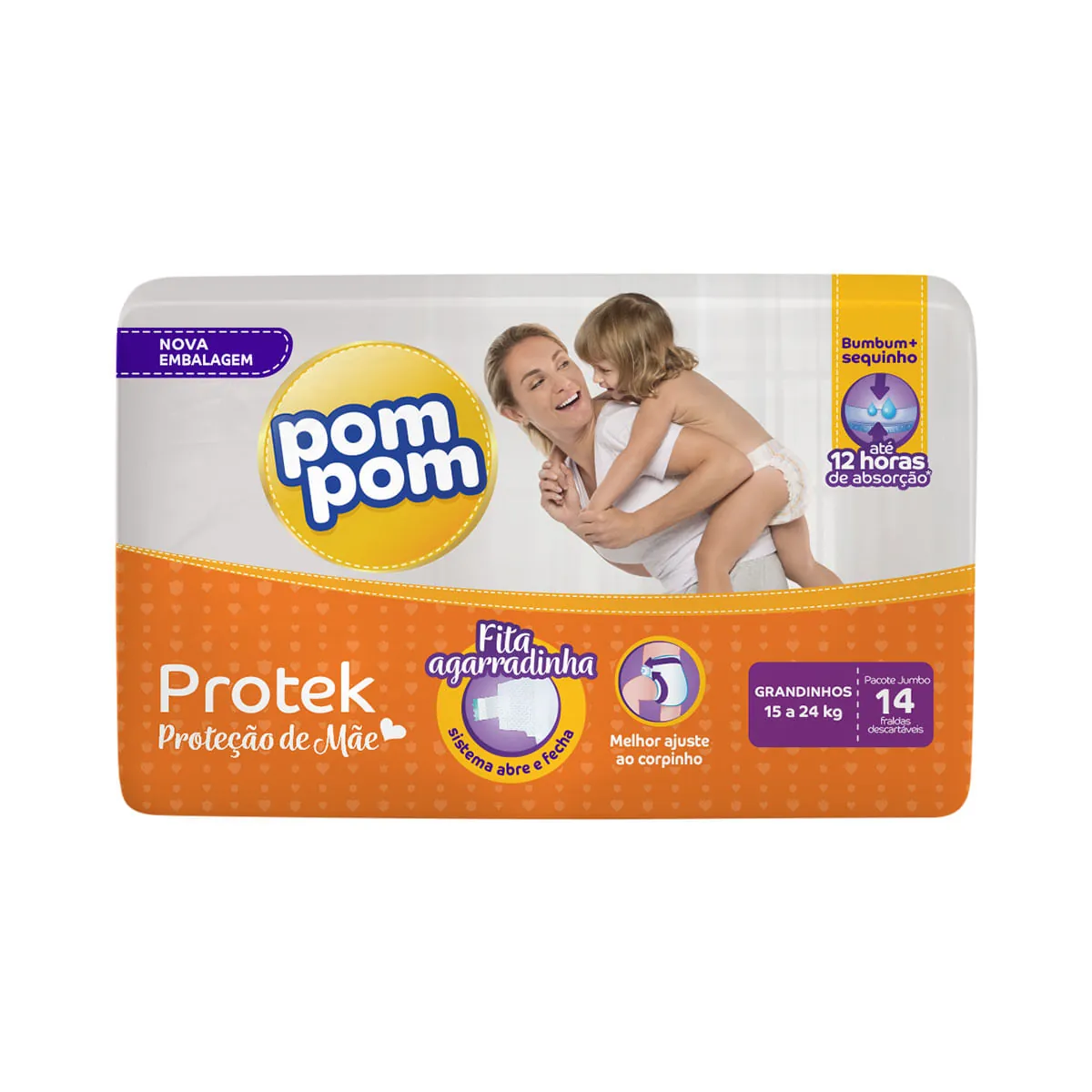Fraldas Pom Pom Grandinhos Protek Proteção de Mãe Jumbo - 14 Unidades
