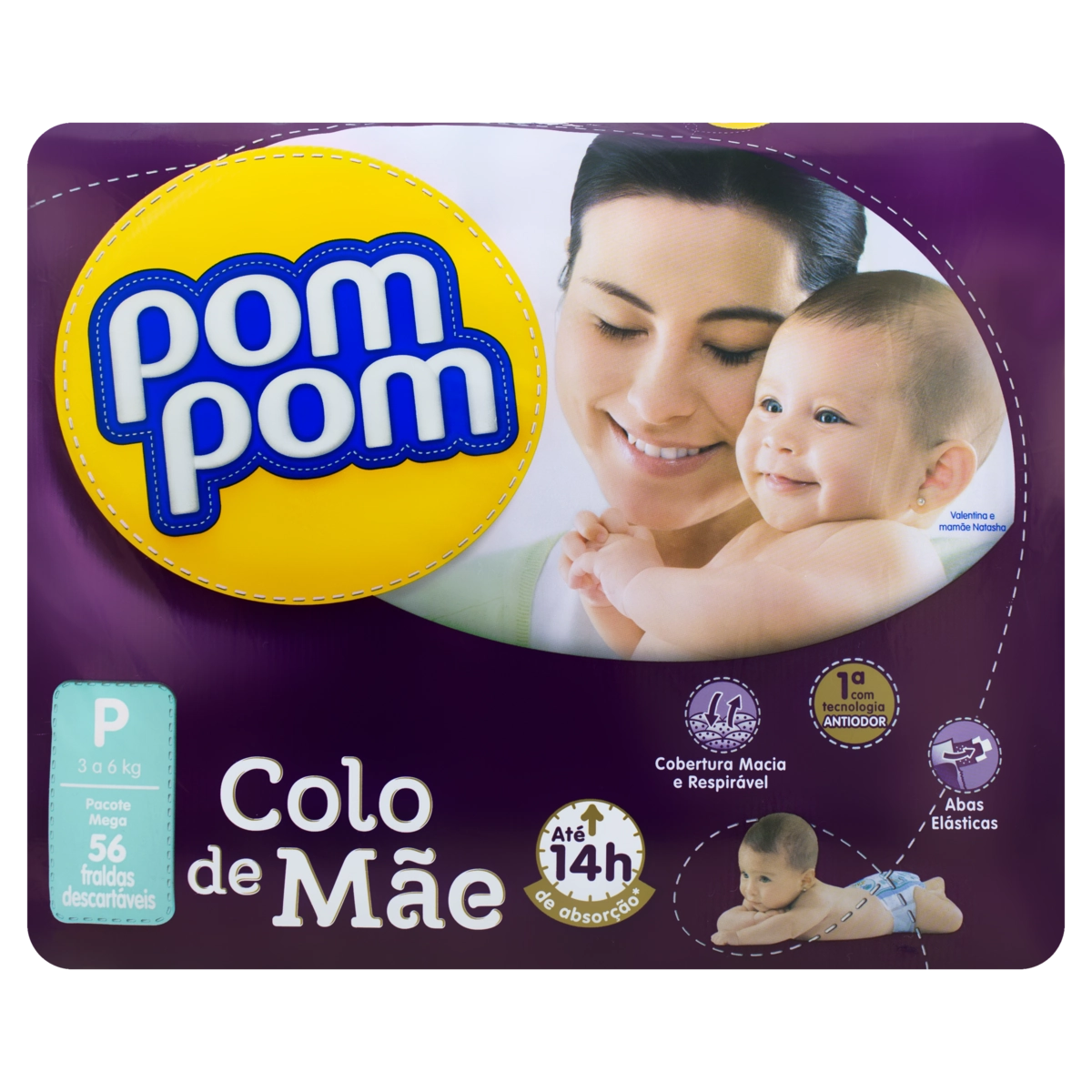 Fralda Descartável Infantil Pom Pom Colo De Mãe P Pacote 56 Unidades